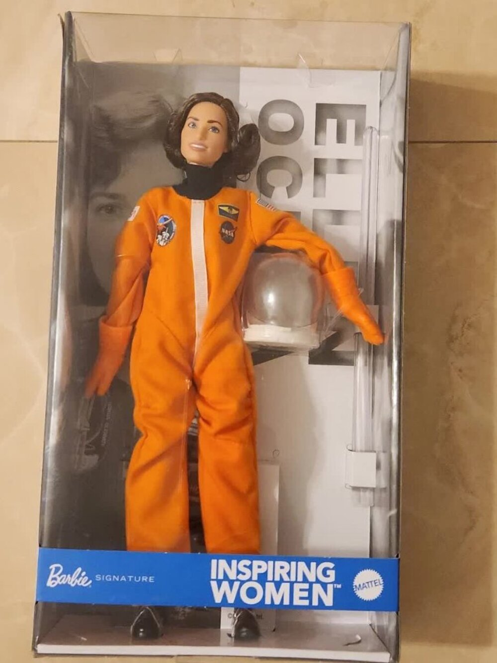 Barbie Inspiring Women Ellen Ochoa Doll NASA Orange Suit Helmet 12in Collectible